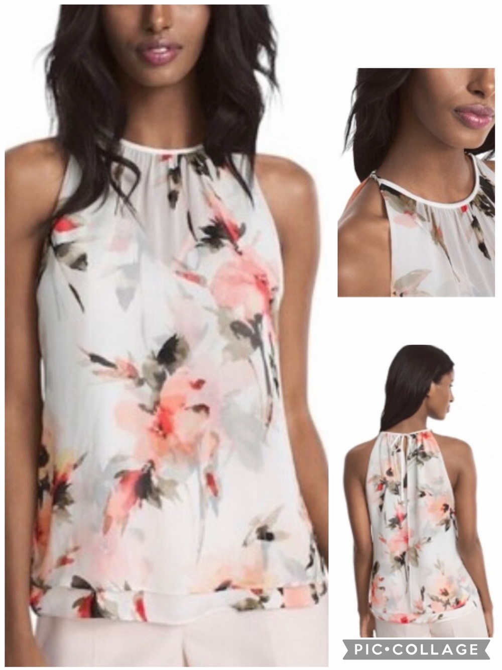 White House Black Market Floral Chiffon Overlay Beaded Shoulder Halter